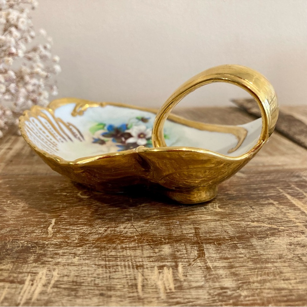 Vintage Ceramic Hand Painted Trinket Dish Signed 1967 Violets Gold Tone - Picture 11 of 13
